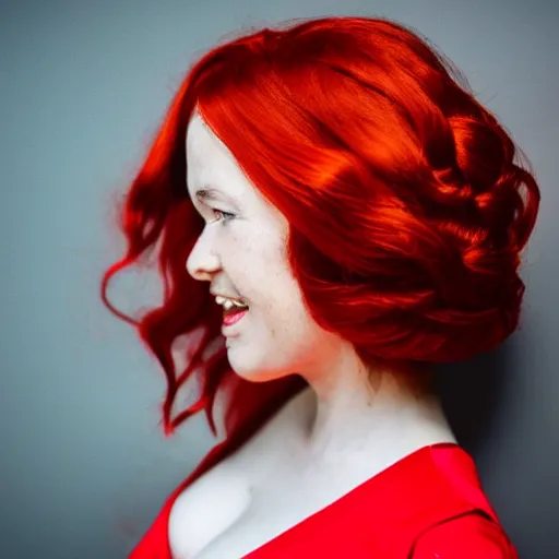 Prompt: Red haired woman in a red dress peaking from behind a window blinder, portrait, photography n- 4