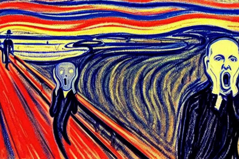 Prompt: Edvard Munch's 'kanye west in the style of the scream', painting, expressionism, (((music notes))), (((((kanye west)))))