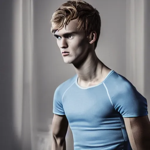 Image similar to a realistic detailed photo of a guy who is an attractive humanoid who is half robot and half humanoid, who is a male android, soccer player martin ødegaard, shiny skin, posing like a statue, blank stare, in a living room, on display, showing off his muscles, gold soccer shorts