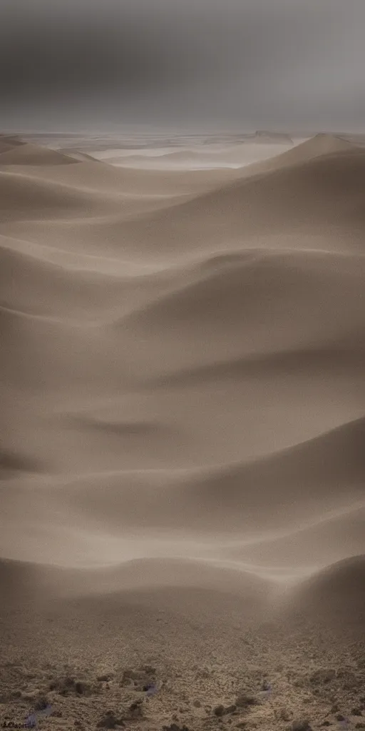 Image similar to dream looking through a hyper realistic photograph of abarren desert canyon, minimal structure, misty, raining, meditative, icelandic valley, river, in the style of reuben wu, roger deakins