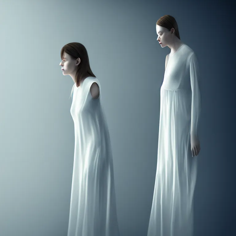 Image similar to a wonderful realistic portrait of a lonely woman who is dressed with a wonderful, majestic, large semi transparent white cotton dress, accent white lighting, dramatic light, octane render