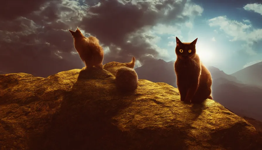 Image similar to a cat standing on the peak of a mountain range, looking far, digital art, epic lighting, epic composition, 4 k