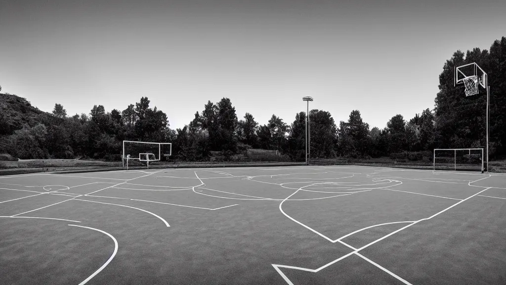 Image similar to a photograph of an empty basketball court in a scenic location, in the styles of sports illustrated, a nike advertisement, and ansel adams. intricate, hyperrealistic, monochrome hdr