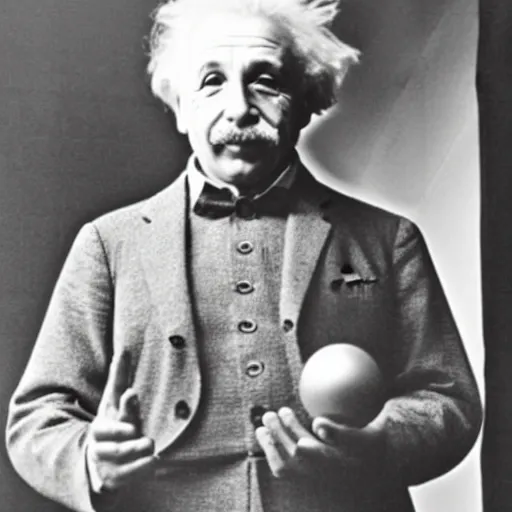 Image similar to einstein holding ( model of atom with metallic spheres ) in his hands, color