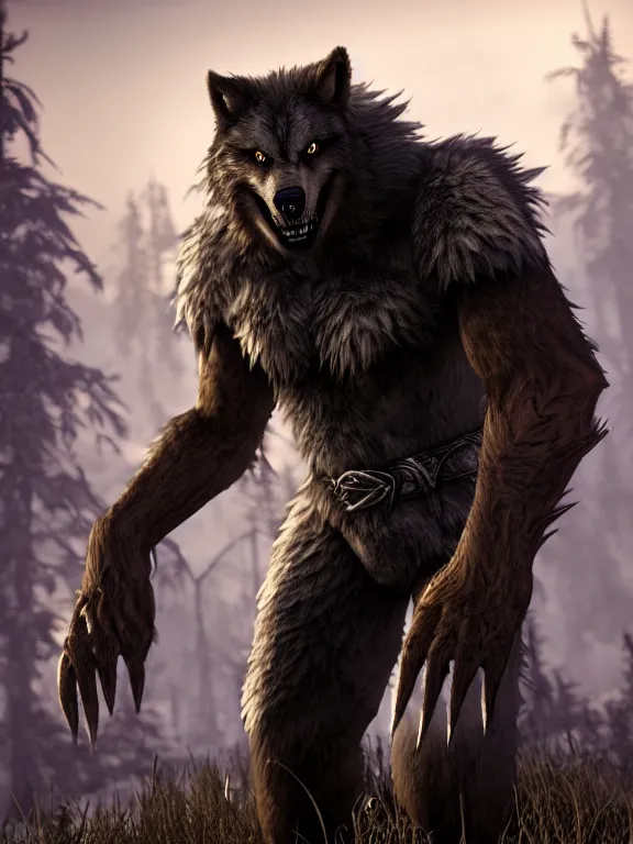 Image similar to cute handsome cuddly werewolf from van helsing unreal engine hyperreallistic render 8k character concept art masterpiece screenshot from the video game the Elder Scrolls V: Skyrim