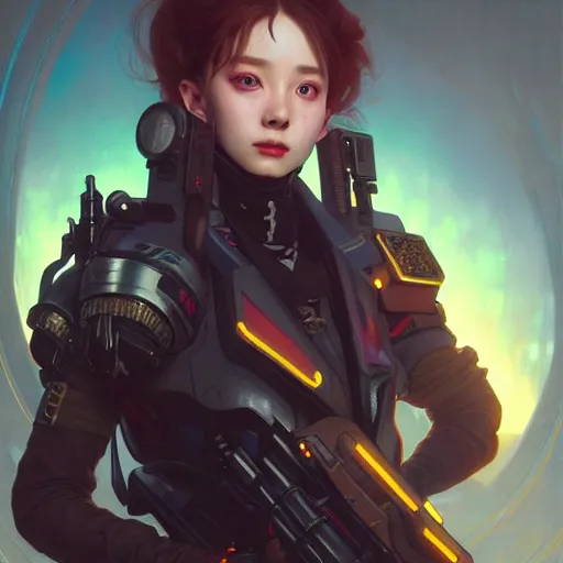 Image similar to portrait painting of cyberpunk chuu loona as a cheerful smiling mercenary, ultra realistic, concept art, intricate details, eerie, highly detailed, photorealistic, octane render, 8 k, unreal engine. art by artgerm and greg rutkowski and magali villeneuve and alphonse mucha