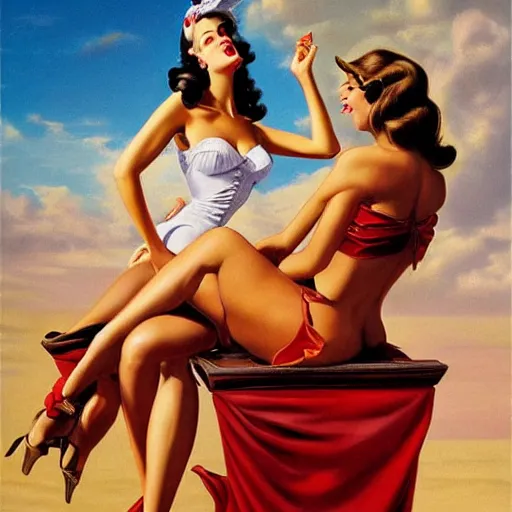 Prompt: realistic photo, woman, dressed in pin up style, long hair, beautiful legs, beach, sun, stylish, proportional, greg hildebrandt fancy rococo baroque regal oil painting high quality