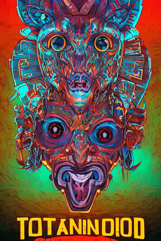 Image similar to totem animal tribal chaman vodoo mask feather gemstone plant wood rock video game illustration vivid color borderlands by josan gonzales and dan mumford radiating a glowing aura