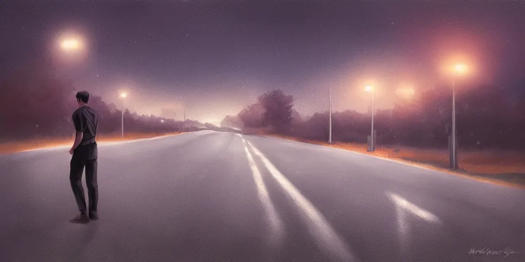 Image similar to man in a lonely road, night, by artgerm, rule of third