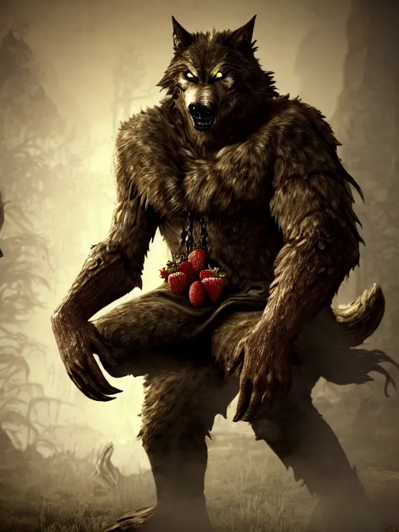 Image similar to cute handsome cuddly burly surly relaxed calm timid werewolf from van helsing sitting down at the breakfast table in the kitchen of a normal country home cooking having fun lighthearted whimsy whimsical baking strawberry tart cakes unreal engine hyperreallistic render 8k character concept art masterpiece screenshot from the video game the Elder Scrolls V: Skyrim