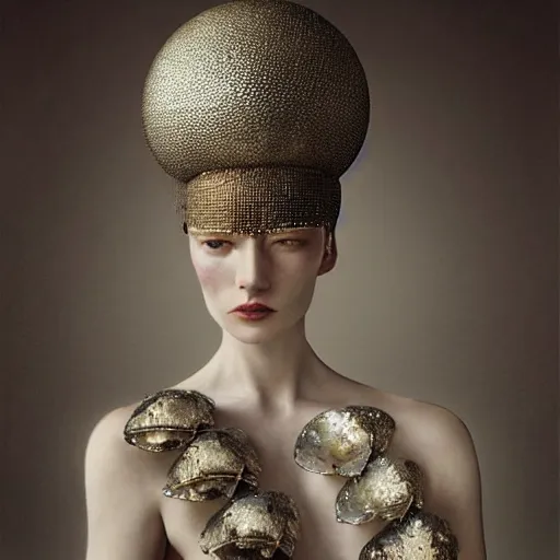 Image similar to medium shot of a woman wearing an armor made of shimmering mother of pearl shells. coherent face. soft. fragile. by ray caesar. by louise dahl - wolfe. by anna claren. surreal photography