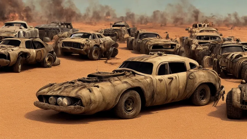 Image similar to mad max cars in a pixar movie with cartoon eyes