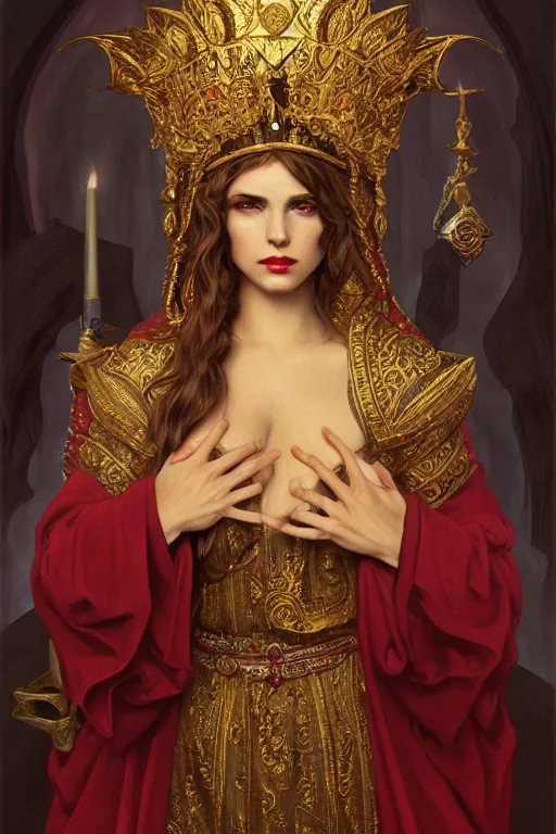 Image similar to Portrait of historically accurate, ancient biblical, sultry, sneering, evil, pagan, wicked, young queen jezebel, wearing gilded red robes, long black hair, intricate, elegant, highly detailed, digital painting, artstation, concept art, smooth, sharp focus, illustration, art by artgerm and greg rutkowski and alphonse mucha and andrei riabovitchev