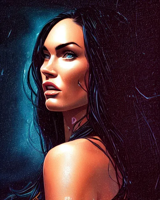 Image similar to megan fox cinematic portrait, volumetric lighting, stormy night, contrast, rain, jesper ejsing, artgerm, petros afshar, tom whalen