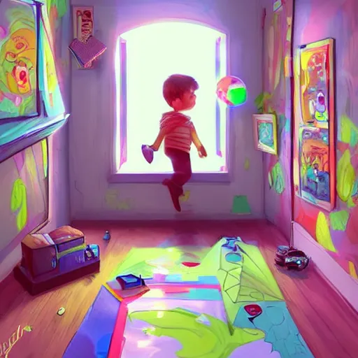 Image similar to A child discovering his room can open a portal to another dimension, digital art, trending on artstation, high details