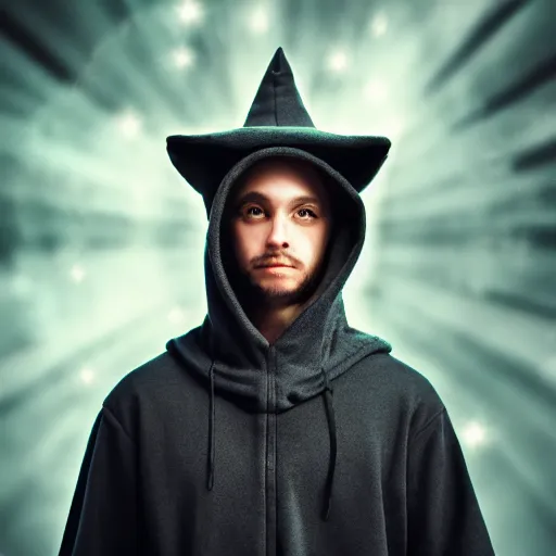 Image similar to portrait of a mysterious wizard with a Hood, bright eyes, fantasy, photorealistic, bokeh, magic lights, cinematic