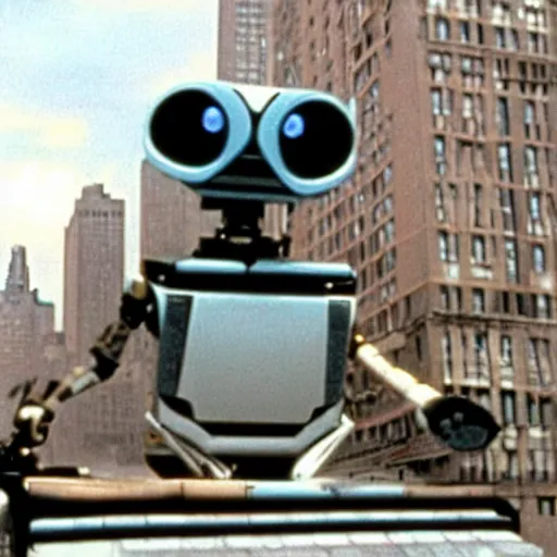 Image similar to taller older Wall-E in New York street, epic 1986 cinematic still