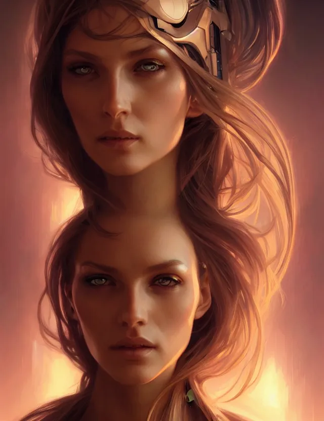 Image similar to futuristic woman portrait, sci-fi, amber eyes, face, long hair, fantasy, intricate, elegant, highly detailed, digital painting, artstation, concept art, smooth, sharp focus, illustration, art by artgerm and greg rutkowski and alphonse mucha