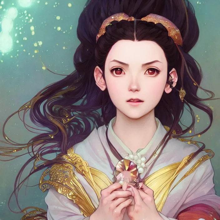 Prompt: kamado nezuko with sparkling eyes, closed up portrait, highly detailed, gold filigree, fantasy, soft cinematic lighting, award, disney concept art, watercolor illustration by mandy jurgens and alphonse mucha and alena aenami, pastel color palette, featured on artstation