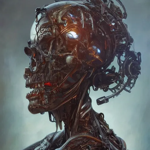 Image similar to portrait painting of a biomech cyborg zombie, ultra realistic, concept art, intricate details, eerie, highly detailed, photorealistic, octane render, 8 k, unreal engine. art by artgerm and greg rutkowski and alphonse mucha