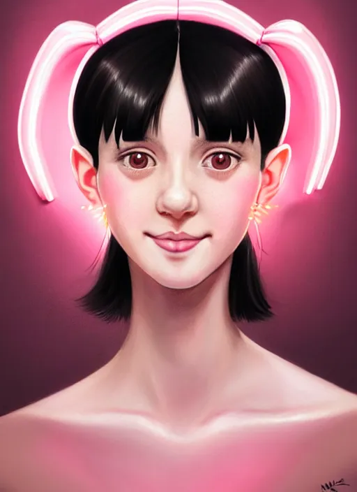 Image similar to portrait of high school girl, realistic, black hair, bangs, half updo hairstyle, pointy nose, skinny, smile, ugly, defined jawline, big chin, pink hair bow, earrings, intricate, elegant, glowing lights, highly detailed, digital painting, artstation, sharp focus, illustration, art by wlop, mars ravelo and greg rutkowski