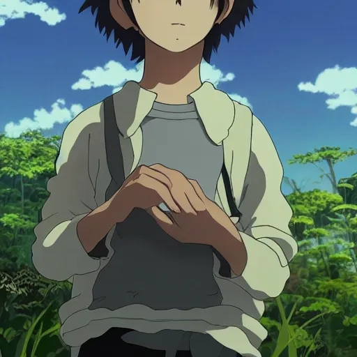Prompt: friendly guy and small creature , with Fragile looking character portrait face made by Studio Ghibli highly detailed art, beautiful scene, sharp focus, smooth, 8k, anime art, wild, dark, fantasy, peaceful, sunshine, sun