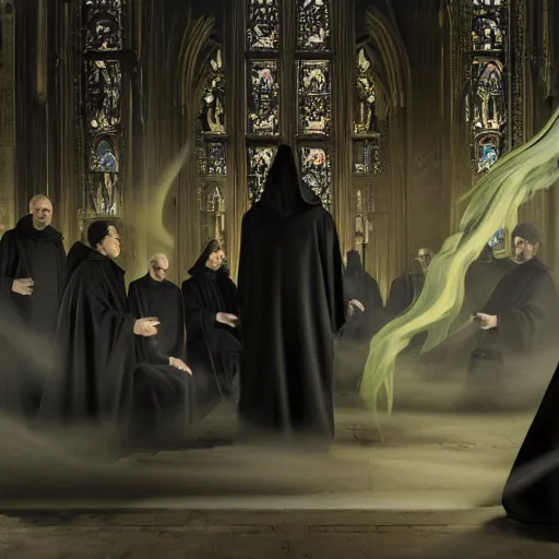 Image similar to a detailed matte painting of a group of 7 senior priests in black robes with their hood up and pitch black eyes, concept art, incense smoke drifting through the air, portrait, artstation, volumetric lighting, exquisite detail, octane render, 8 k postprocessing, art by john collier and albert aublet and artem demura and alphonse mucha