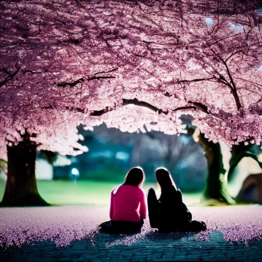 Prompt: 2 friends under the cherry blossom tree during dawn. photography, canon, 8 k, octane