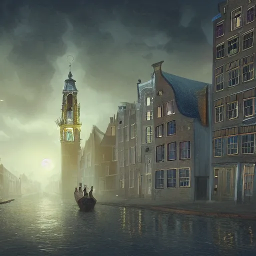 Image similar to a magical town with tall crooked buildings, deformed tall buildings, slanted tall buildings, inspired by amsterdam and victorian england, night time, digital painting, highly detailed, concept art, game art, matte painting, trending on artstation, octane render, 8 k, unreal engine