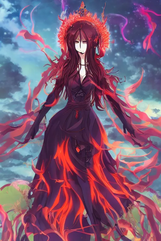 Prompt: a anime of beautiful full body concept art, ultra beautiful face, queen of hell wearing full fire clothing standing in a field, by BUNBUN, by mai yoneyama