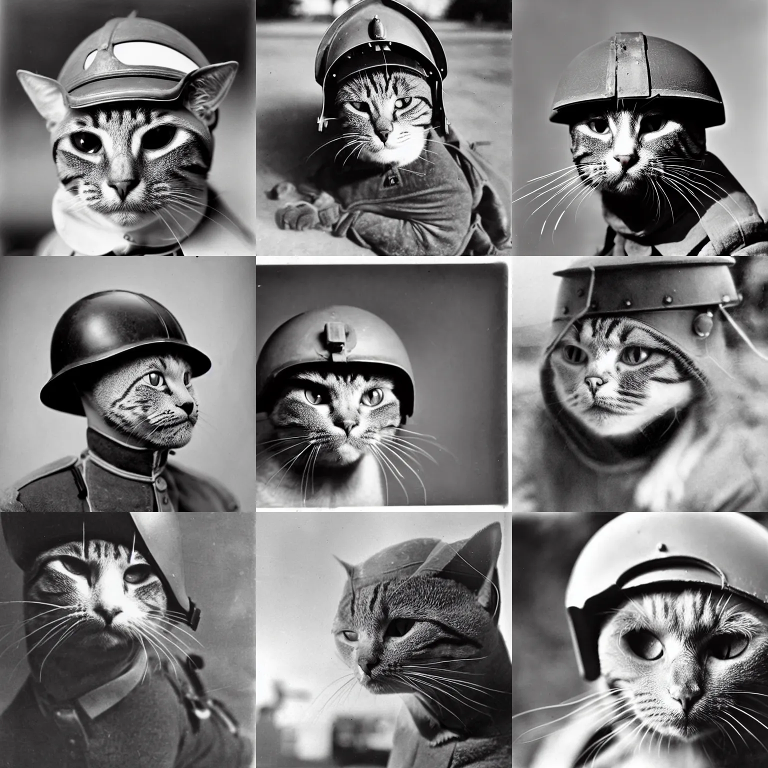 Prompt: close up of a cat wearing soldier helmet in the battle, ww 2 historical photography, black & white