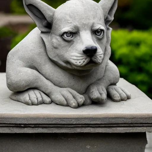 Image similar to gargoyle with the head of a corgi made of stone, uncropped, photography