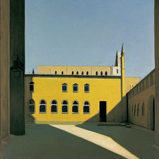 Image similar to in the distance, a little girl with short black hair and wearing a yellow coat alone in the inner courtyard of an abbey, the light is bright and wintry, painting by hopper and de chirico