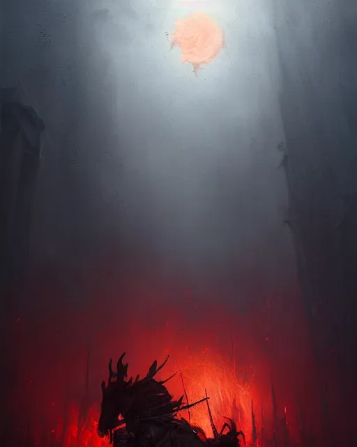 Image similar to A hyper realistic painting of a knight in full plate armor completely covered in fire, red moon, red lighting, fog, dark fantasy, moody lighting, creepy atmosphere, by greg rutkowski, trending on artstation