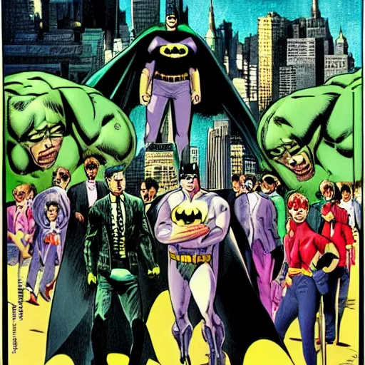 Prompt: glossy old advertising poster, batman and hulk walking through crowded gotham street, drawn comic by junji ito, pastels, gradient