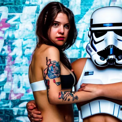 Image similar to comic style portrait female stormtrooper with stormtrooper - helmet in white bikini, bending over, tattoos of star wars symbols, graffiti style