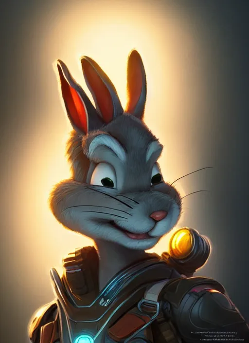 Prompt: portrait of apex legends bugs bunny, intricate, elegant, glowing lights, highly detailed, digital painting, artstation, glamor pose, concept art, smooth, sharp focus, illustration, art by artgerm and greg rutkowski, artey freytag