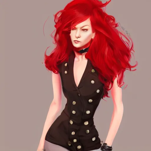 Image similar to a woman wearing a stylish outfit, red hair, highly detailed, digital painting, artstation, concept art, smooth, sharp focus, illustration