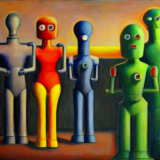 Image similar to robot parade, pj crook, edward hopper, oil on canvas