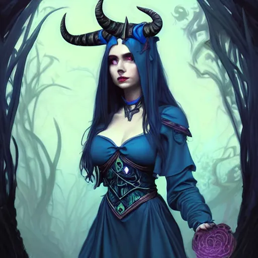 Image similar to wide angle, necromancer tiefling, blue dress, jeweled horns, focused, forest, female, d & d, fantasy, intricate, elegant, highly detailed, long black hair, digital painting, artstation, octane render, concept art, matte, sharp focus, illustration, hearthstone, art by artgerm, alphonse mucha johannes voss