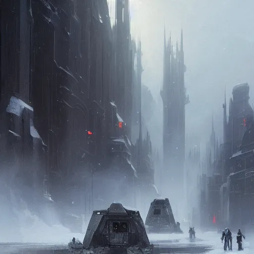 Image similar to star wars concept art by greg rutkowski, a neogothic city in the middle of a snowy landscape, dark clouds, scarce rays of sunlight, enigmatic atmosphere, artstation hq.