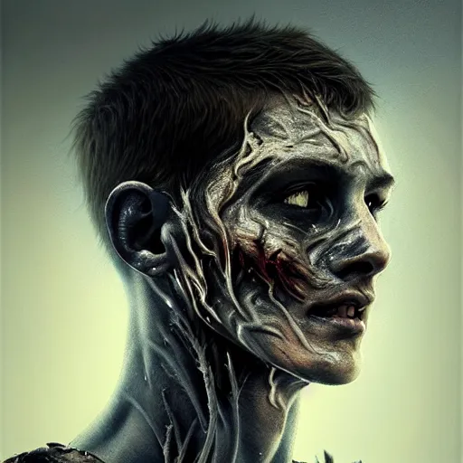 Image similar to portrait painting of young man with severe burn scars on his face and poorly cut short hair with a severe expression wearing tattered light armor, ultra realistic, concept art, intricate details, eerie, highly detailed, photorealistic, octane render, 8 k, unreal engine. art by artgerm and greg rutkowski and charlie bowater and magali villeneuve and alphonse mucha