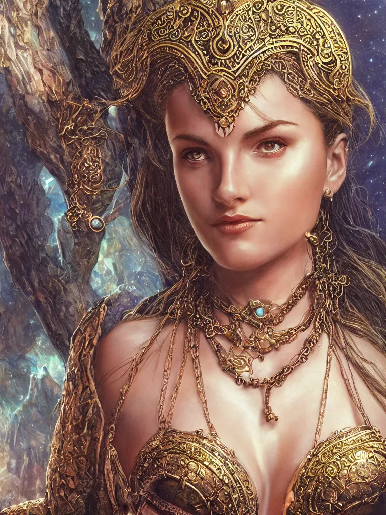 Image similar to close up portrait of a beautiful female goddess with glowing necklace, stone courtyard background fantasy atmosphere. art by alex ross. highly detailed, intricate, lifelike. sci - fi, fantasy, magical
