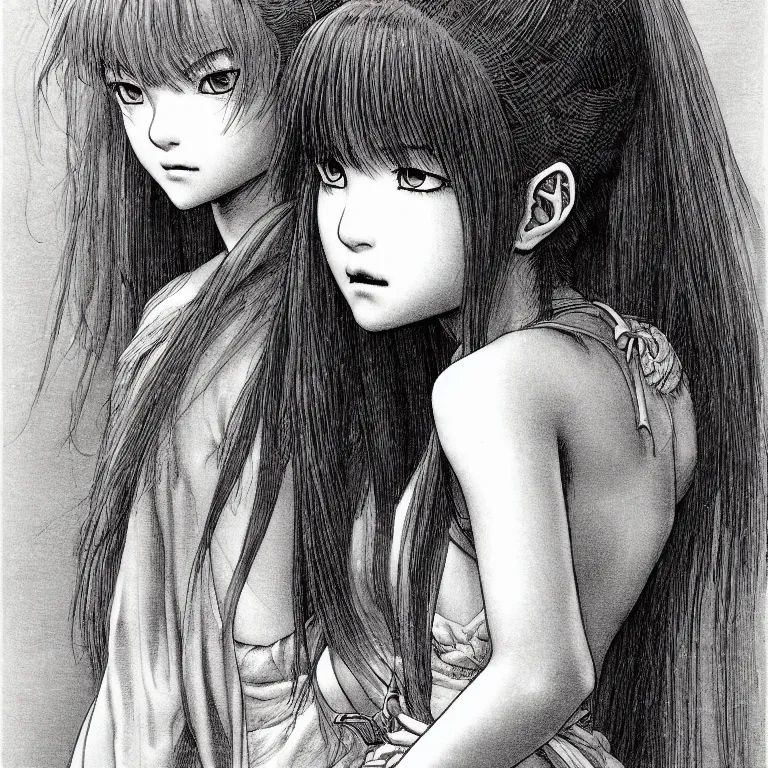 Prompt: young girl by kentarou miura, detailed