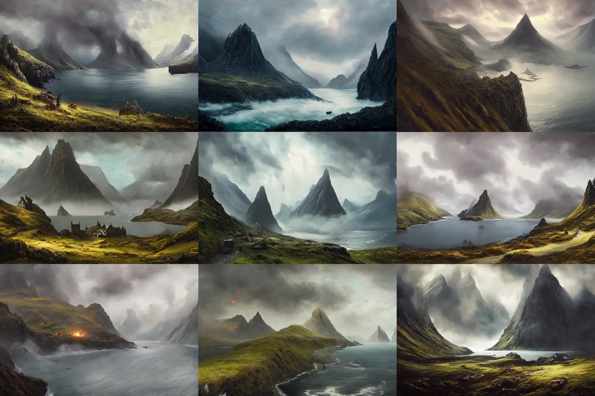 Prompt: painting by greg rutkowski, dragons attack, epic, middle ages, fantasy, castle, above the layered low clouds big lake wide river road to sea bay view faroe azores photo of lofoten overcast