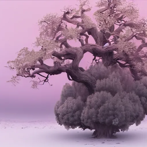 Prompt: a beautiful ancient tree in the middle of the great ocean + old gray wood + pink leaves + falling snow + overcast winter + no background + elegant form + artstation, cgsociety, ultra HD, 4k, 8k, concept art