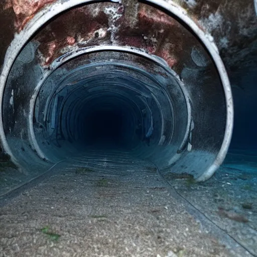 Image similar to a dark underwater tunnel that has machinery and pipes along the walls, dark, scary, horror, eerie, submechanophobia,