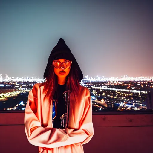 Image similar to photographic portrait of a streetwear woman, closeup, on the rooftop of a futuristic city overlooking a desert oasis at night, fireworks light up the night sky, sigma 85mm f/1.4, 4k, depth of field, high resolution, 4k, 8k, hd, full color