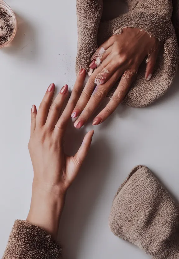 Prompt: photorealistic woman's palm on the table, pov photo, skincare, instagram photo, studio photo, 9 0 mm, f / 1. 4