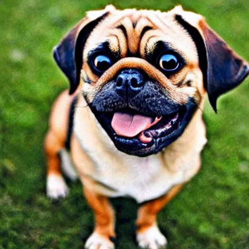 Prompt: A dog mixed with a pug and a dachshund. More Dachshund than Pug.